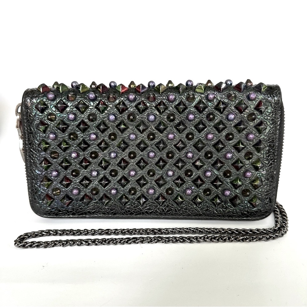 💯 Christian Louboutin Black Iridescent Studded Leather Zippered Wallet On Chain